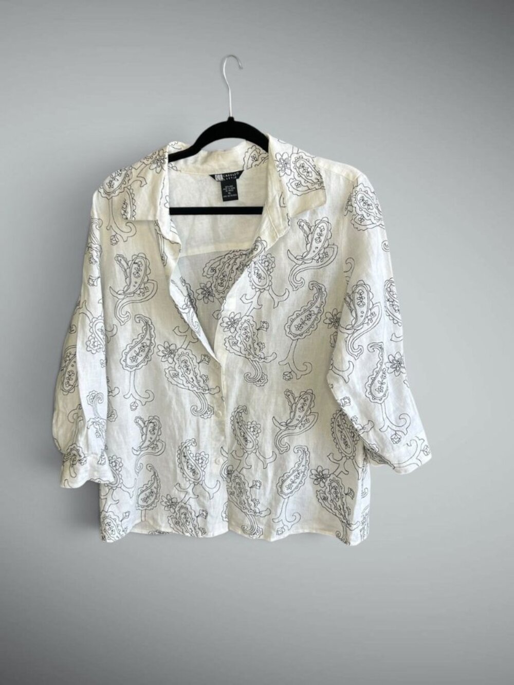 Carole Little White 100% Linen Black Embroidered Paisley Blouse Size XL
